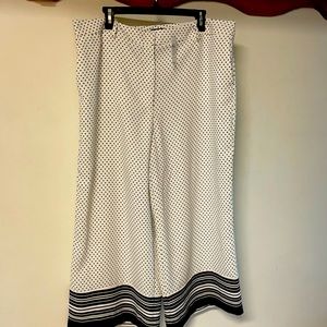 Any Taylor wide leg crop pants. White with black polka dots and striped bottom.